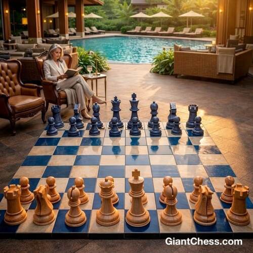Giant teak chess set photo