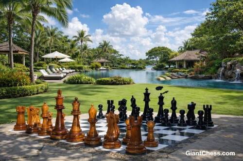 Giant teak chess set photo