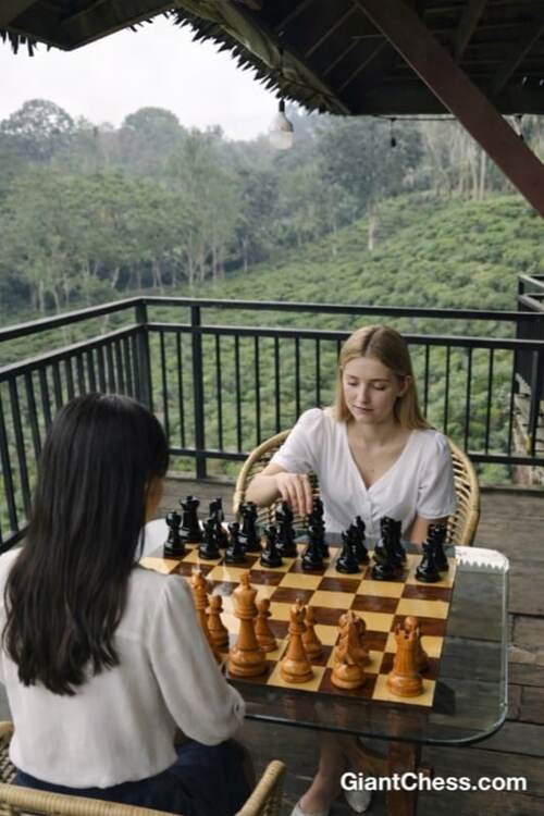 Giant teak chess set photo
